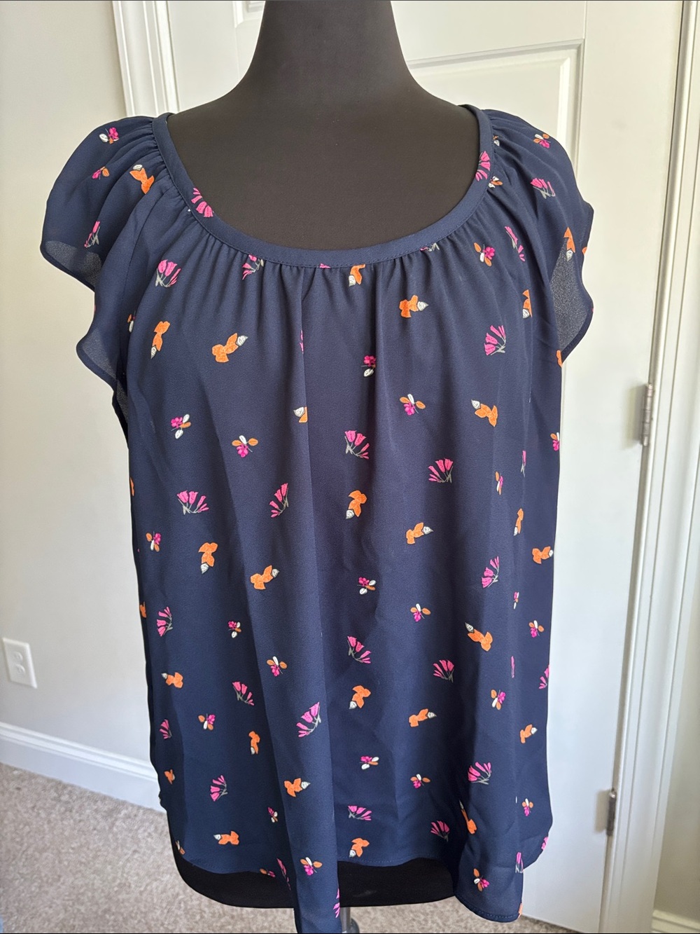LOFT Navy Floral Blouse with Pink & Orange Details